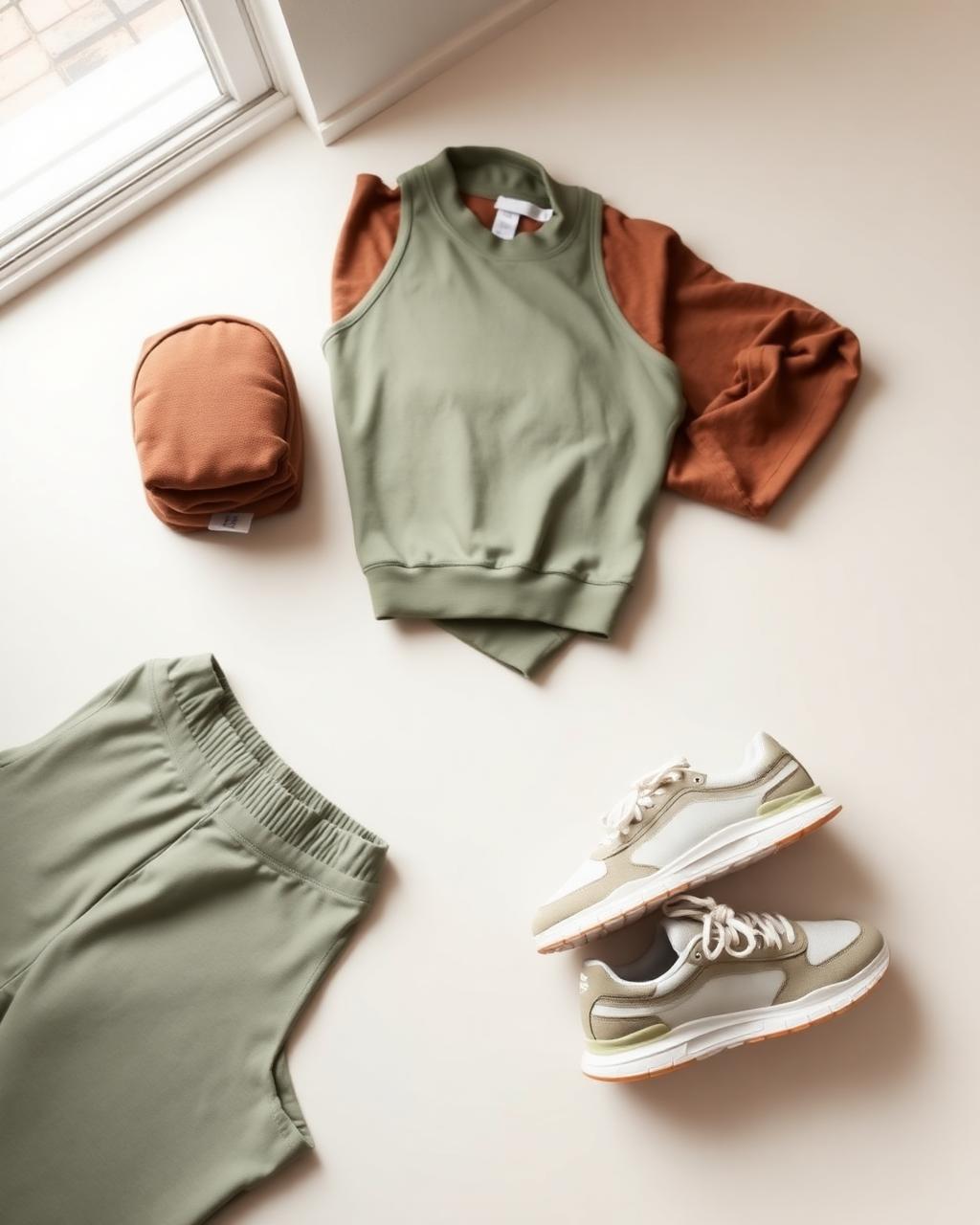 Folded athletic apparel and sneakers in cream, sage, and taupe tones